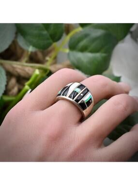 GL Miller Studio Sterling 925 Inlay Ring Black Onyx Mother Of Pearl Opal Size 7